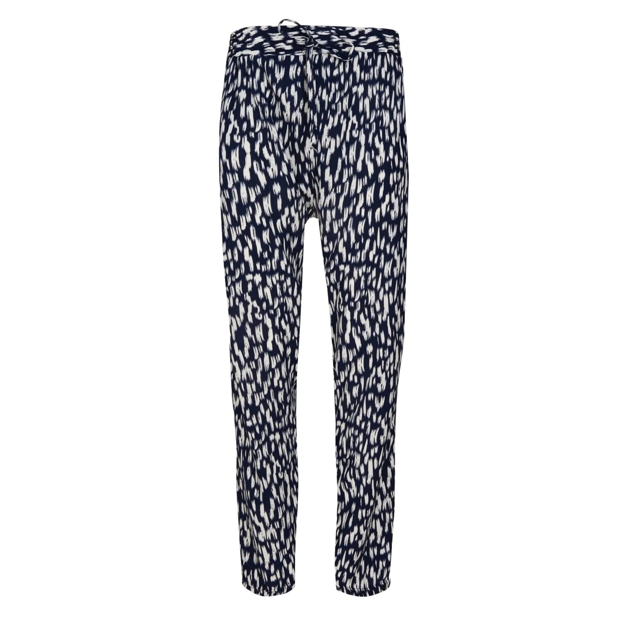 Ladies Navy White Flecked Print Summer Trousers Lightweight Casual Pants